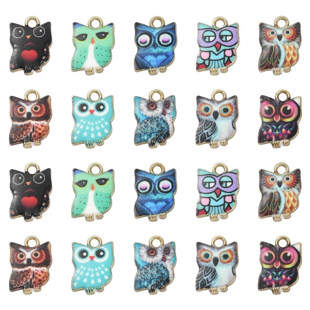 4551 30pcs 10 Styles Flower Printed Owl Charm Halloween Bird Night Animal